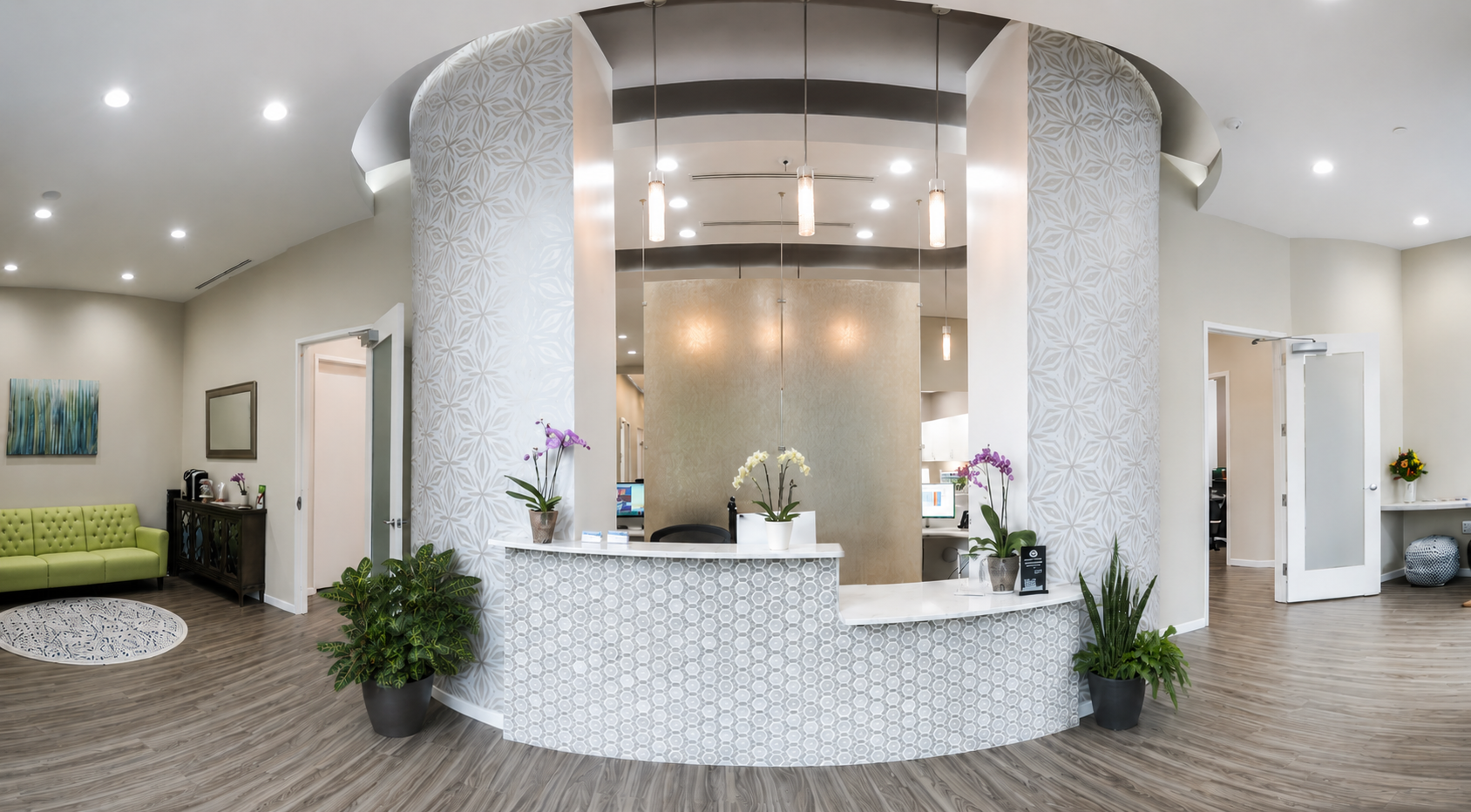 The modern, spa-like reception area at Smile Beautiful Dental in Washington, DC