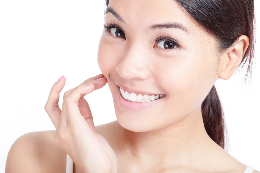 Young Smiling Woman Hand Touch Her Mouth